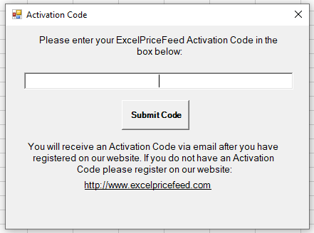 Excel Price Feed Enter Activation Code