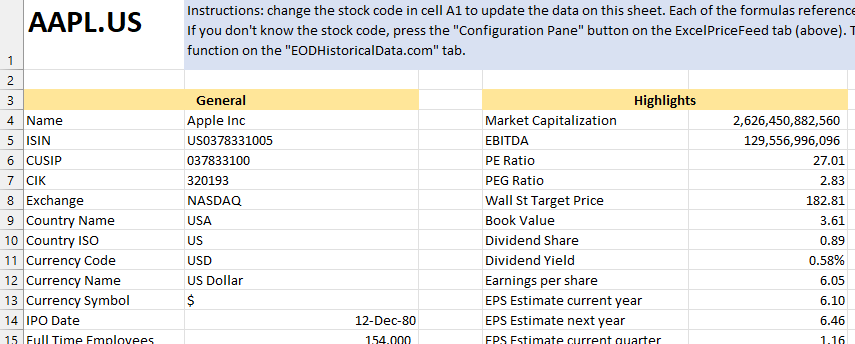 EODHistoricalData.com all Excel formulas Excel spreadsheet