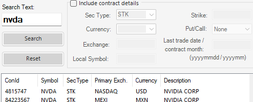 Interactive Brokers contract search screen in Excel