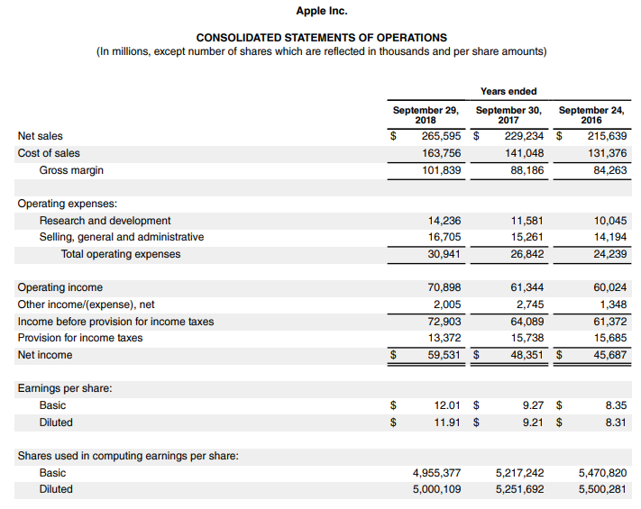 Apple 2018 10-k income summary