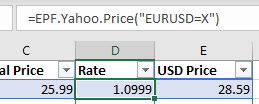 Excel live EUR USD exchange rate formula