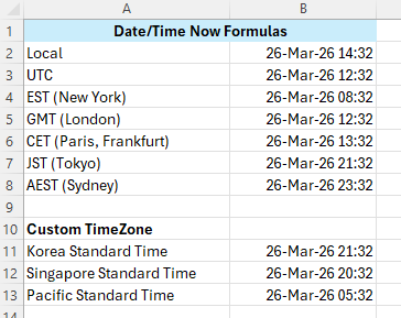 Date time now Excel formulas for various time zones