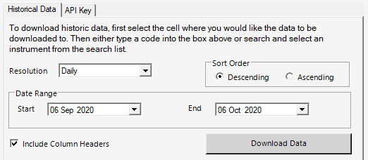 Excel Price Feed Enter EOD Historic Data API Key