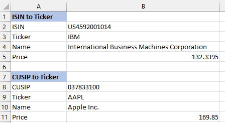 Using Excel to convert an ISIN or CUSIP to a stock ticker
