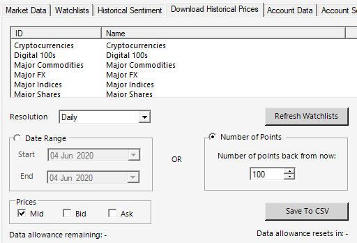 IG Index Historical Data Download to File Screen