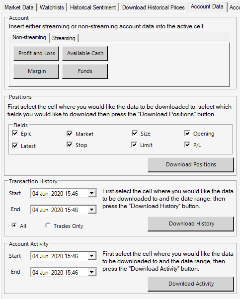 IG Index / IG Markets Download Live Positions and Trade History to Excel Screen