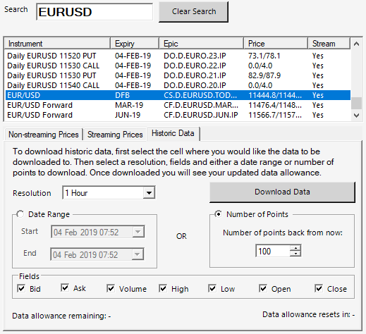 IG Index Historical Data Download to Excel Screen