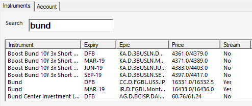 IG Index search screen with streaming price indicator