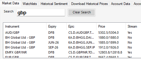 IG Index search screen with streaming price indicator