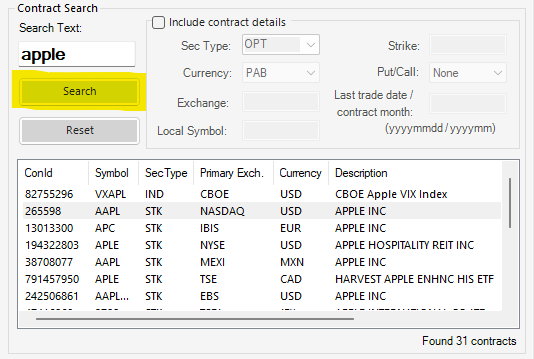 The Excel Price Feed Interactive Brokers stock search screen for Apple stock
