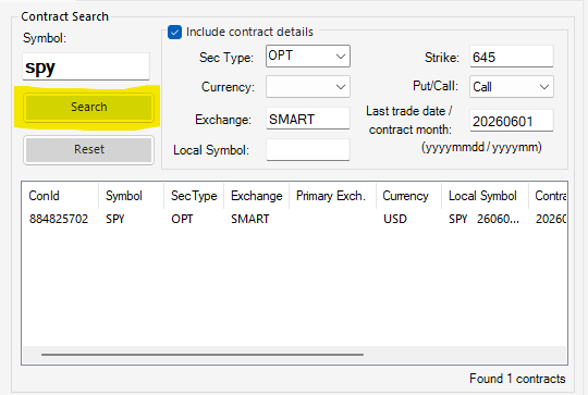 The Excel Price Feed Interactive Brokers stock search screen for an SPY 645 strike call option