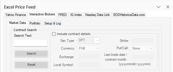 The Excel Price Feed Interactive Brokers stock search screen