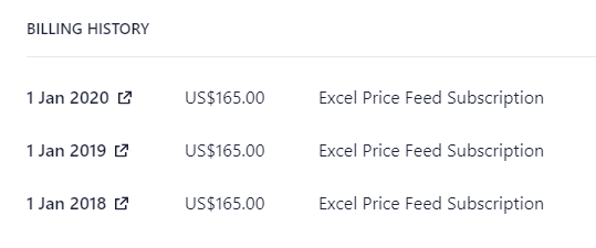View your Excel Price Feed subscription billing history