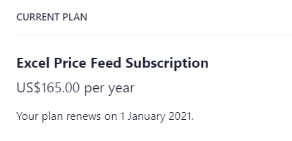 View Excel Price Feed subscription payment plan