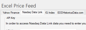 Excel Price Feed Enter Nasdaq Data Link API Key