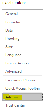 Excel add-in options screen