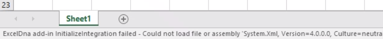 ExcelDNA add-in initializeIntegration failed status bar