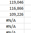 Excel #n/a formula values