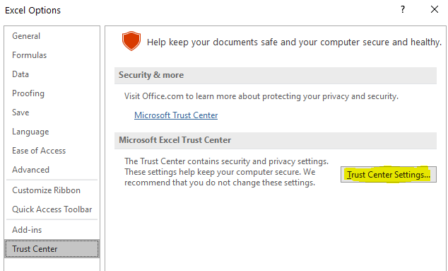 Excel Options Trust Center