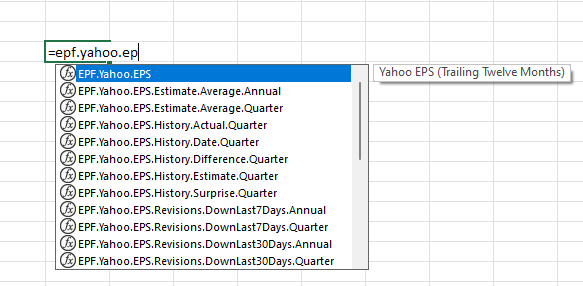Auto-complete options for the Excel Price Feed Yahoo Finance formulas