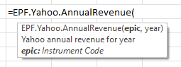 Tool tip shown when entering an Excel Price Feed Yahoo Finance formula