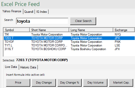 Yahoo Finance Excel search for Toyota stock ticker