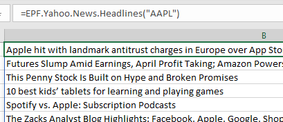 Yahoo Finance News for Apple Stock in Excel