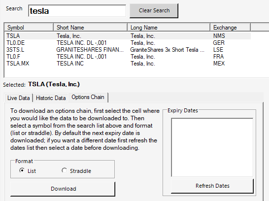 Select Yahoo Finance Options Chain to Download to Excel